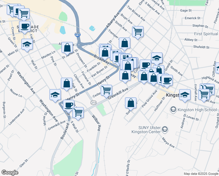 map of restaurants, bars, coffee shops, grocery stores, and more near Cedar Street in Kingston