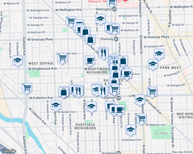 map of restaurants, bars, coffee shops, grocery stores, and more near 2520 North Seminary Avenue in Chicago