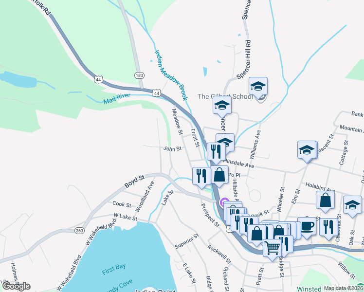 map of restaurants, bars, coffee shops, grocery stores, and more near 95 Meadow Street in Winchester