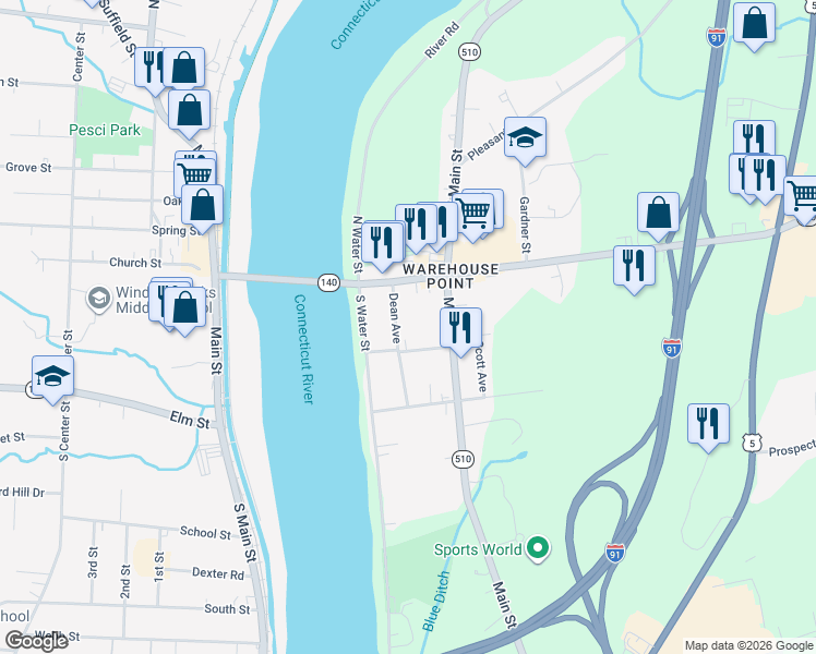 map of restaurants, bars, coffee shops, grocery stores, and more near 18 Dean Avenue in East Windsor