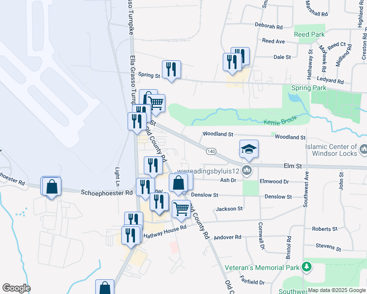 map of restaurants, bars, coffee shops, grocery stores, and more near 11 Windwood Drive in Windsor Locks