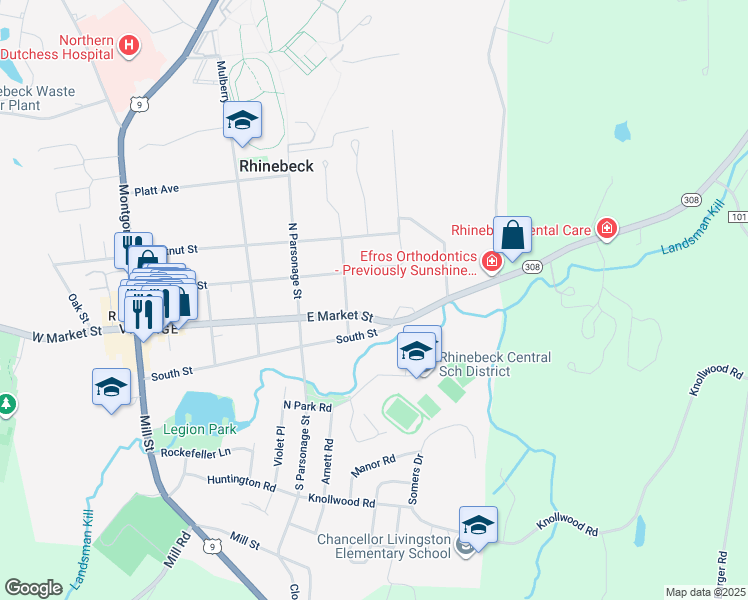 map of restaurants, bars, coffee shops, grocery stores, and more near 141 East Market Street in Rhinebeck