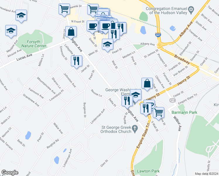 map of restaurants, bars, coffee shops, grocery stores, and more near 155 Washington Avenue in Kingston