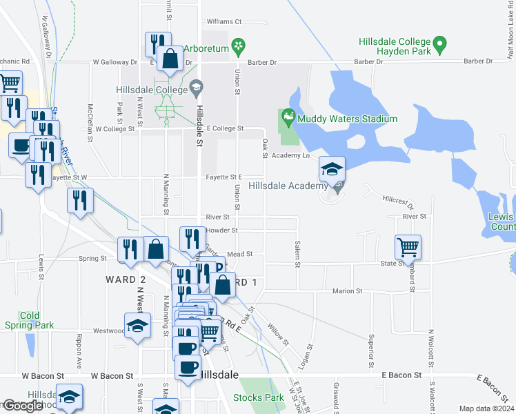map of restaurants, bars, coffee shops, grocery stores, and more near 143 Union Street in Hillsdale