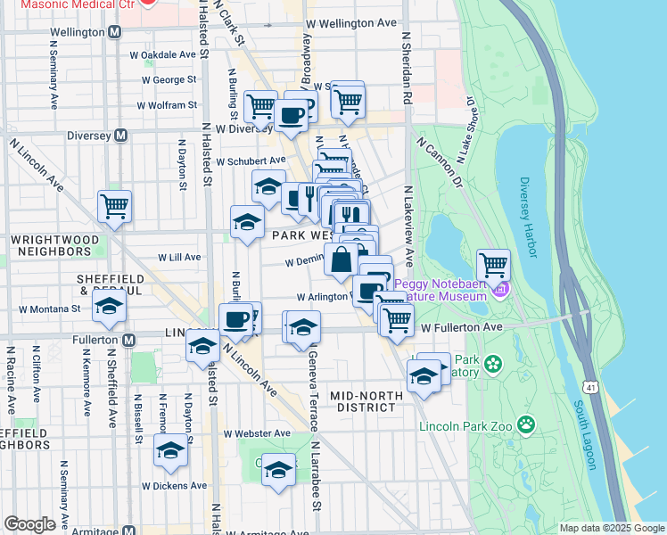 map of restaurants, bars, coffee shops, grocery stores, and more near 601 West Deming Place in Chicago