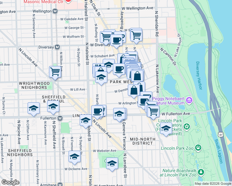 map of restaurants, bars, coffee shops, grocery stores, and more near 618 West Deming Place in Chicago