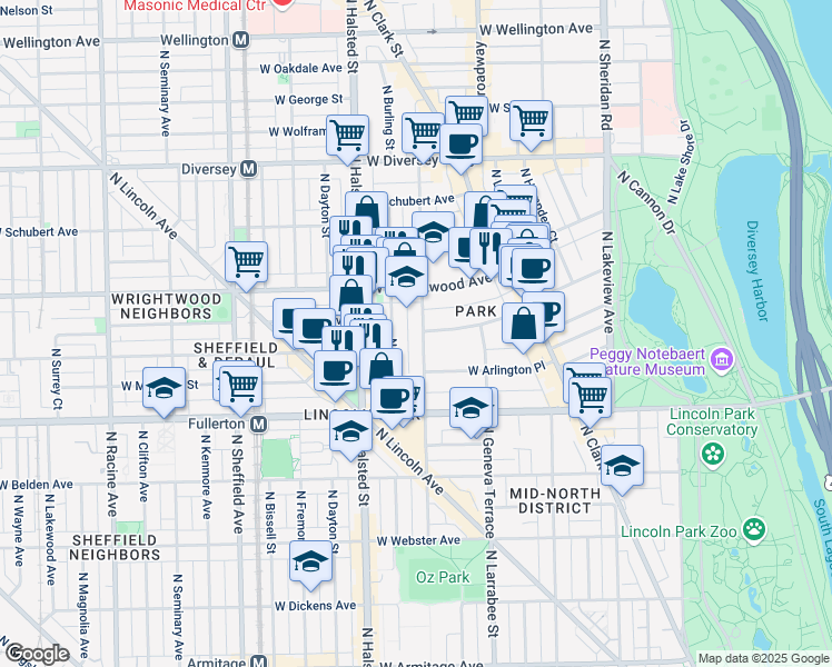map of restaurants, bars, coffee shops, grocery stores, and more near 2500 North Orchard Street in Chicago