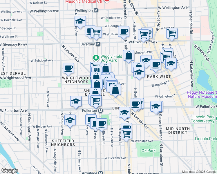 map of restaurants, bars, coffee shops, grocery stores, and more near 855 West Lill Avenue in Chicago