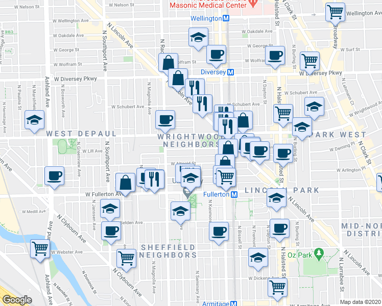 map of restaurants, bars, coffee shops, grocery stores, and more near in Chicago