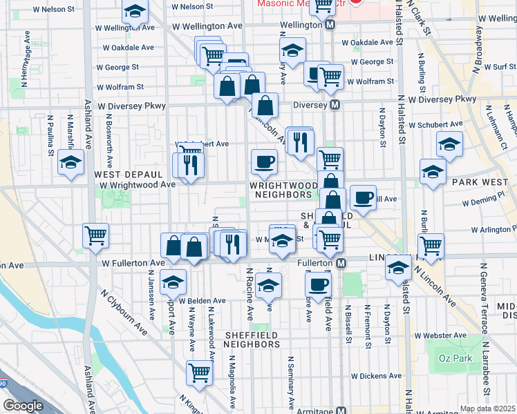 map of restaurants, bars, coffee shops, grocery stores, and more near 1156 West Lill Avenue in Chicago