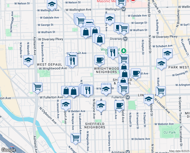 map of restaurants, bars, coffee shops, grocery stores, and more near 1156 West Lill Avenue in Chicago