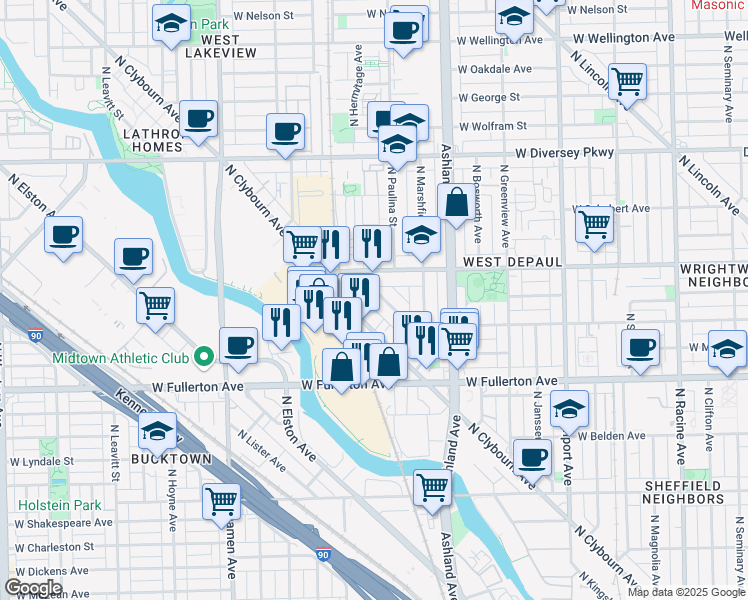 map of restaurants, bars, coffee shops, grocery stores, and more near 1730A West Terra Cotta Place in Chicago
