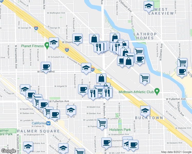 map of restaurants, bars, coffee shops, grocery stores, and more near 2529 West Logan Boulevard in Chicago