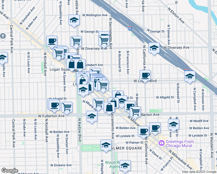 map of restaurants, bars, coffee shops, grocery stores, and more near 3025 West Logan Boulevard in Chicago