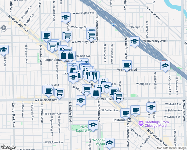 map of restaurants, bars, coffee shops, grocery stores, and more near 3025 West Logan Boulevard in Chicago