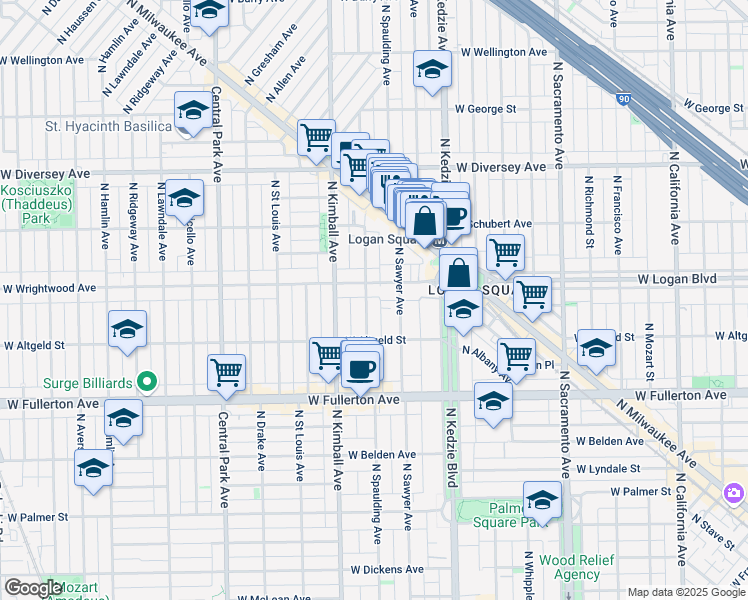 map of restaurants, bars, coffee shops, grocery stores, and more near 3303 West Wrightwood Avenue in Chicago