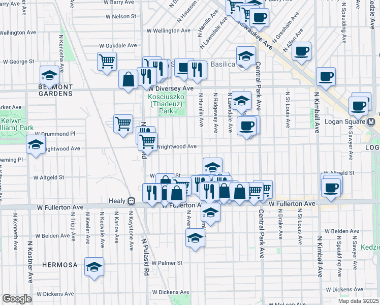 map of restaurants, bars, coffee shops, grocery stores, and more near 3821 West Wrightwood Avenue in Chicago