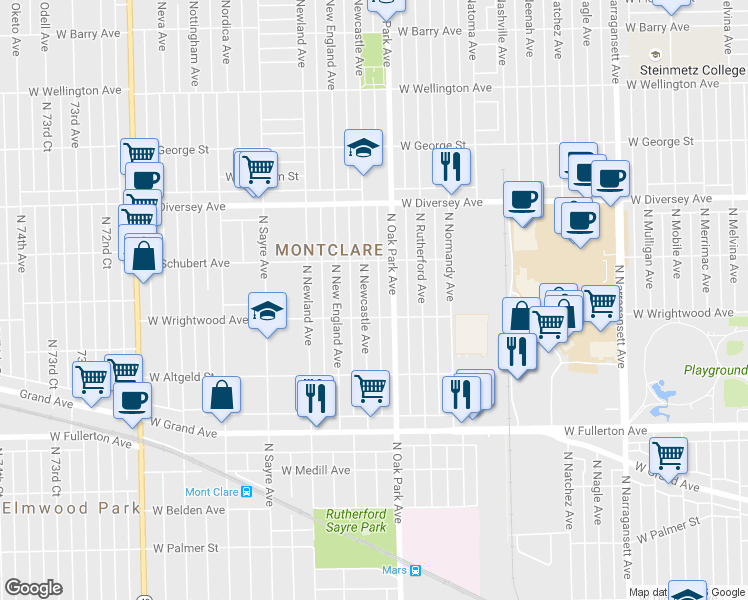 map of restaurants, bars, coffee shops, grocery stores, and more near 2625 North Newcastle Avenue in Chicago