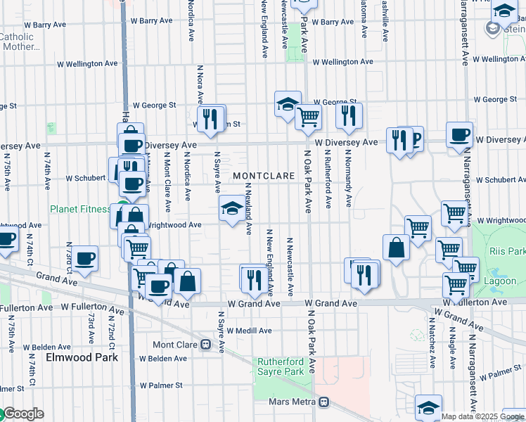 map of restaurants, bars, coffee shops, grocery stores, and more near 2624 North New England Avenue in Chicago