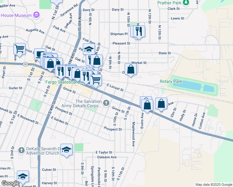 map of restaurants, bars, coffee shops, grocery stores, and more near 116 North 9th Street in DeKalb