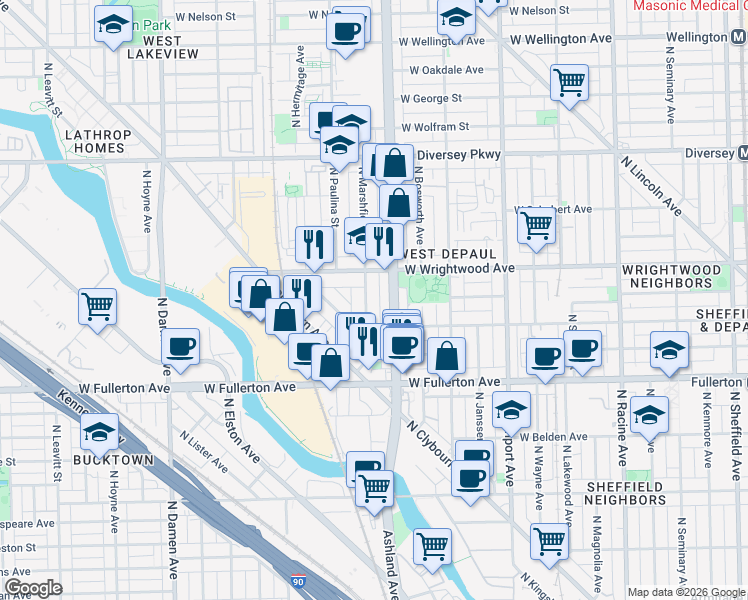 map of restaurants, bars, coffee shops, grocery stores, and more near 2529 North Marshfield Avenue in Chicago