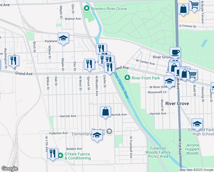 map of restaurants, bars, coffee shops, grocery stores, and more near 2627 Clarke Street in River Grove