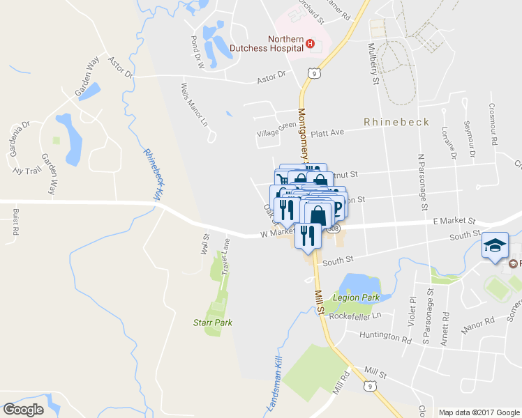 map of restaurants, bars, coffee shops, grocery stores, and more near 22 Oak Street in Rhinebeck