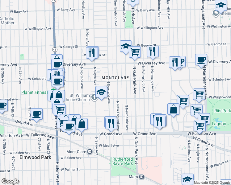 map of restaurants, bars, coffee shops, grocery stores, and more near 2620 North New England Avenue in Chicago