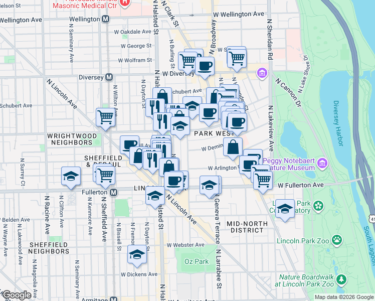 map of restaurants, bars, coffee shops, grocery stores, and more near N Orchard St & W Deming Pl in Chicago