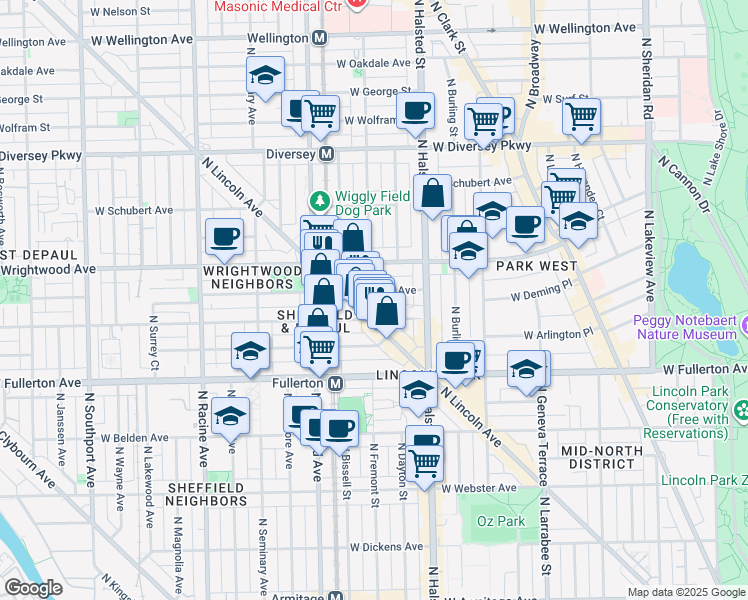 map of restaurants, bars, coffee shops, grocery stores, and more near 859 West Lill Avenue in Chicago