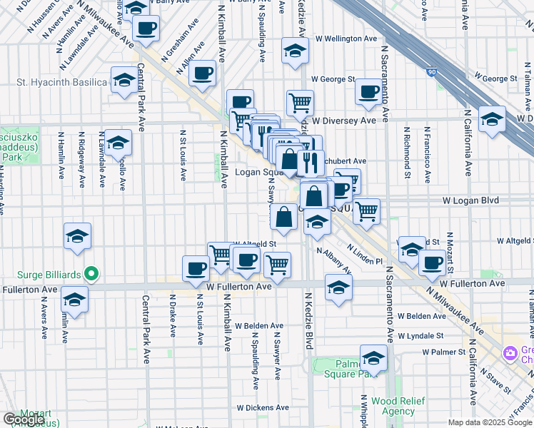 map of restaurants, bars, coffee shops, grocery stores, and more near 3261 West Wrightwood Avenue in Chicago