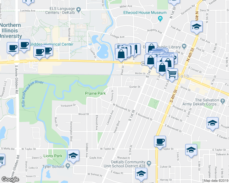 map of restaurants, bars, coffee shops, grocery stores, and more near 413 Leonard Avenue in DeKalb