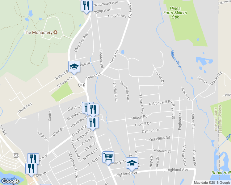 map of restaurants, bars, coffee shops, grocery stores, and more near 70 Brookdale Street in Cumberland