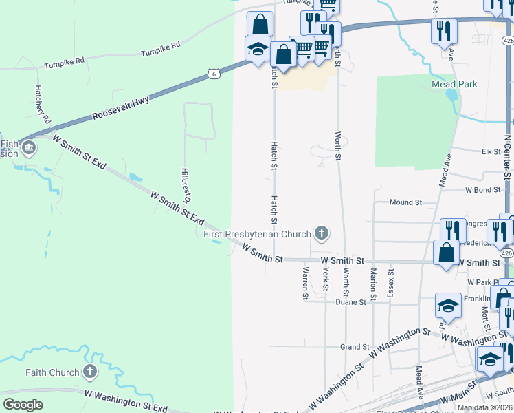 map of restaurants, bars, coffee shops, grocery stores, and more near 495 Hatch St in Corry