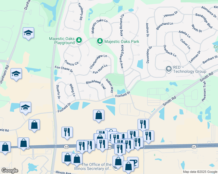 map of restaurants, bars, coffee shops, grocery stores, and more near 717 Indian Way in St. Charles