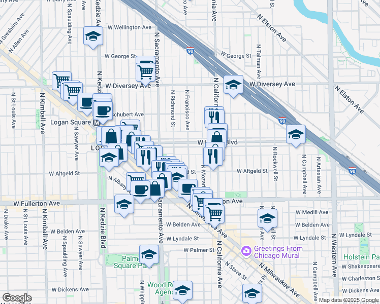 map of restaurants, bars, coffee shops, grocery stores, and more near 2857 West Logan Boulevard in Chicago
