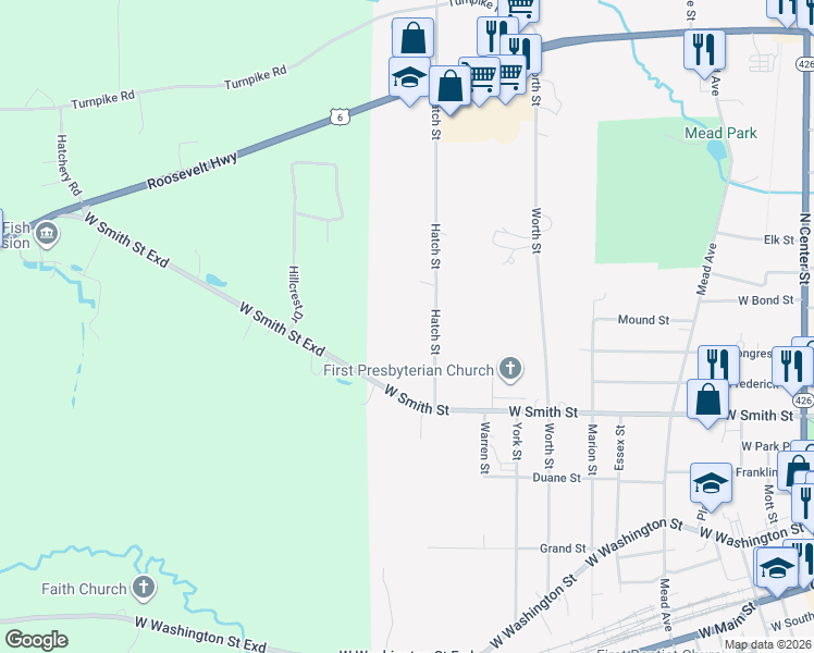 map of restaurants, bars, coffee shops, grocery stores, and more near 495 Hatch Street in Corry