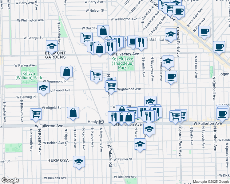 map of restaurants, bars, coffee shops, grocery stores, and more near 3941 West Wrightwood Avenue in Chicago