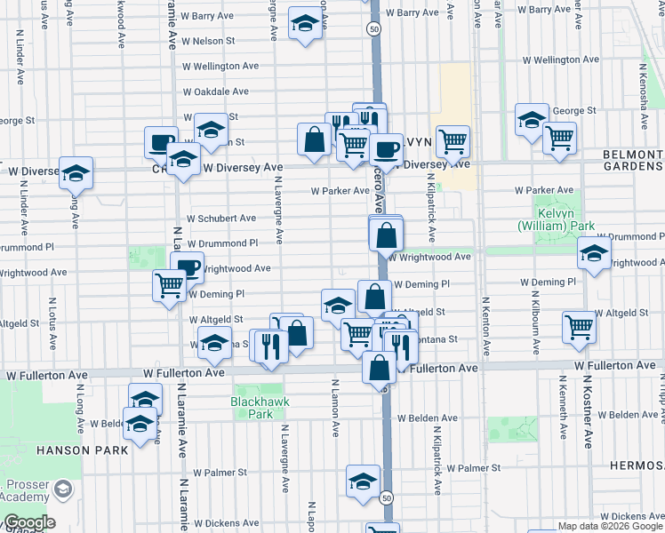 map of restaurants, bars, coffee shops, grocery stores, and more near N Lamon Ave & W Wrightwood Ave in Chicago