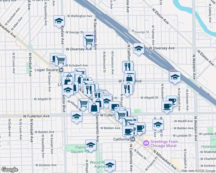 map of restaurants, bars, coffee shops, grocery stores, and more near 2911 West Logan Boulevard in Chicago
