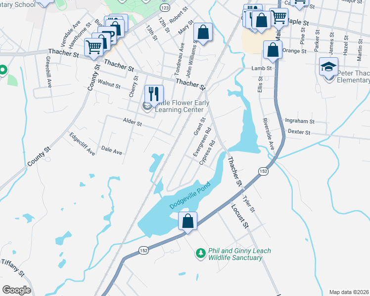 map of restaurants, bars, coffee shops, grocery stores, and more near 75 Grant Street in Attleboro