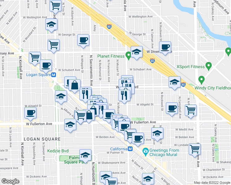 map of restaurants, bars, coffee shops, grocery stores, and more near 2839 West Logan Boulevard in Chicago