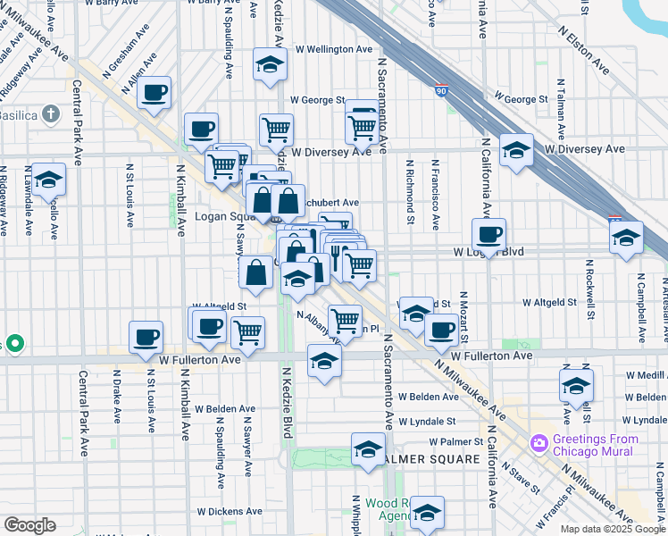 map of restaurants, bars, coffee shops, grocery stores, and more near 3101 West Logan Boulevard in Chicago