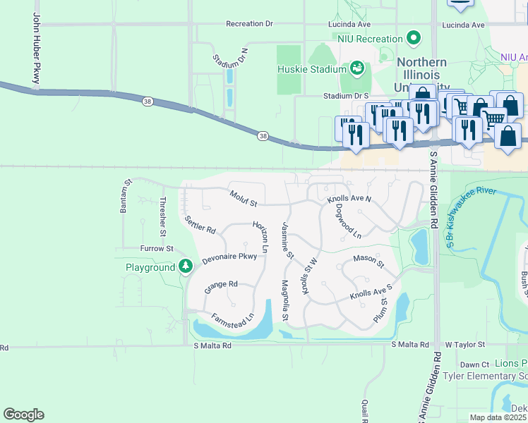 map of restaurants, bars, coffee shops, grocery stores, and more near 1474 Moluf Street in DeKalb