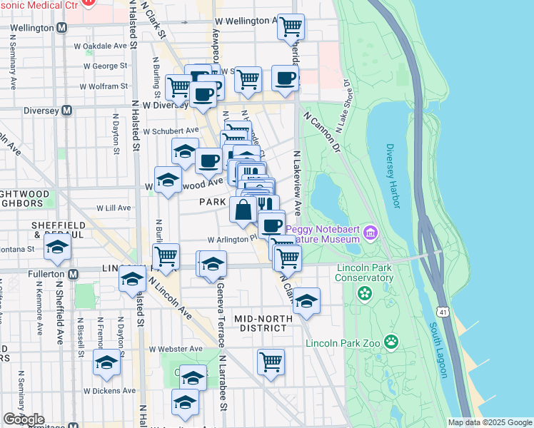 map of restaurants, bars, coffee shops, grocery stores, and more near 439 West Saint James Place in Chicago