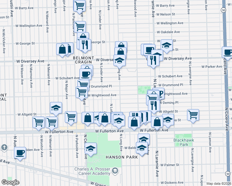map of restaurants, bars, coffee shops, grocery stores, and more near 5416 West Wrightwood Avenue in Chicago