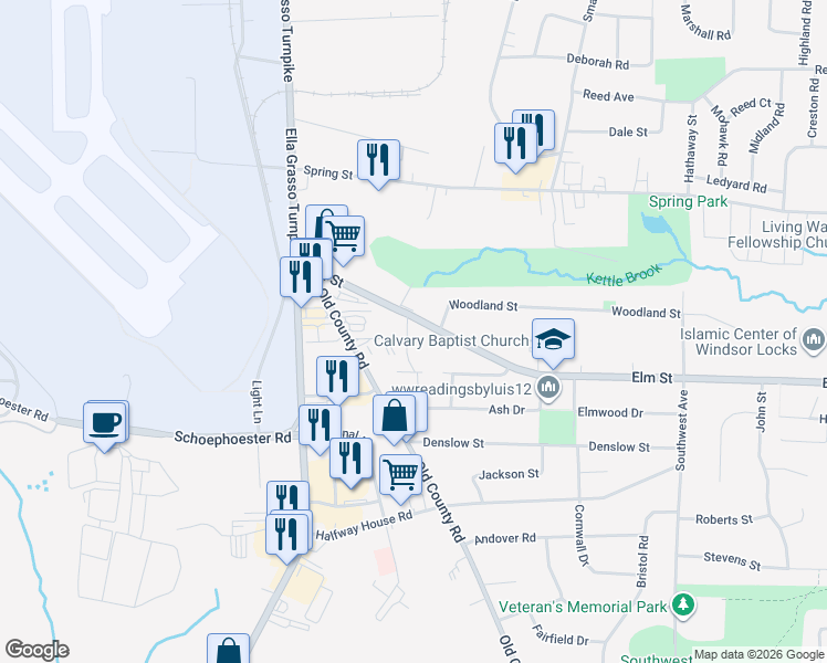 map of restaurants, bars, coffee shops, grocery stores, and more near 15 Windwood Drive in Windsor Locks