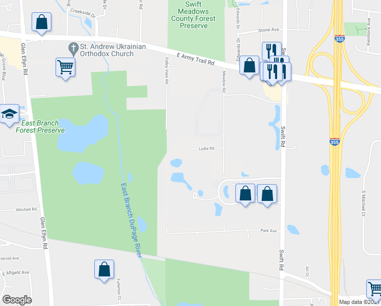 map of restaurants, bars, coffee shops, grocery stores, and more near 21W719 Lydia Road in Addison