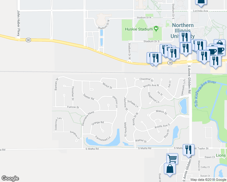 map of restaurants, bars, coffee shops, grocery stores, and more near 1488 Moluf Street in DeKalb