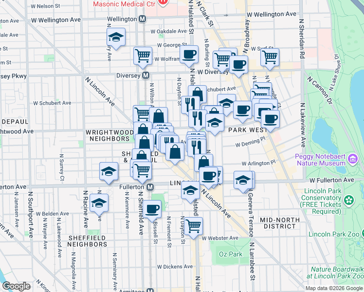 map of restaurants, bars, coffee shops, grocery stores, and more near 823 West Lill Avenue in Chicago
